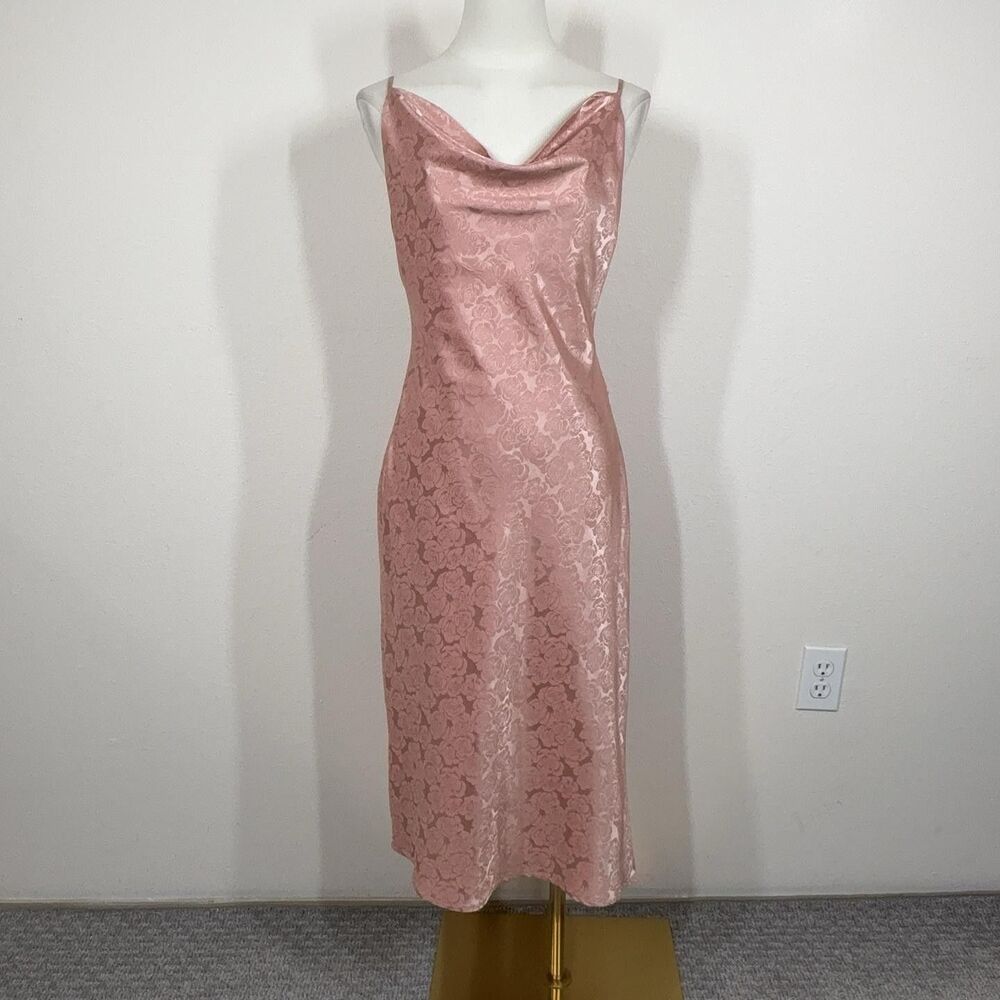Lulus Dress Womens Small Pink Floral Satin Slip Midi Cowl Neck Party Wedding